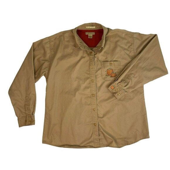 Mountain Lake Women's Embroidered Pumpkins Button Down L Tan Grandma Core Fall - Picture 1 of 5